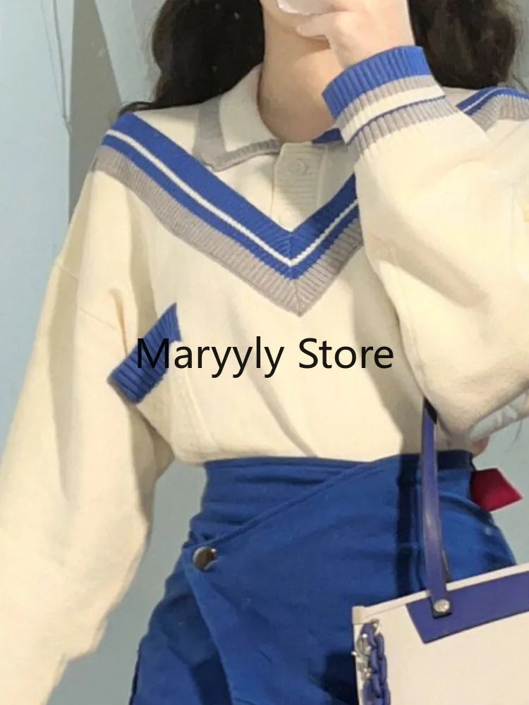 Autumn Fashion Suits Chic Japanese Long Sleeve Y2k Two Piece Dress Set Female Casual Blouse + Blue High Waist Mini Skirts
