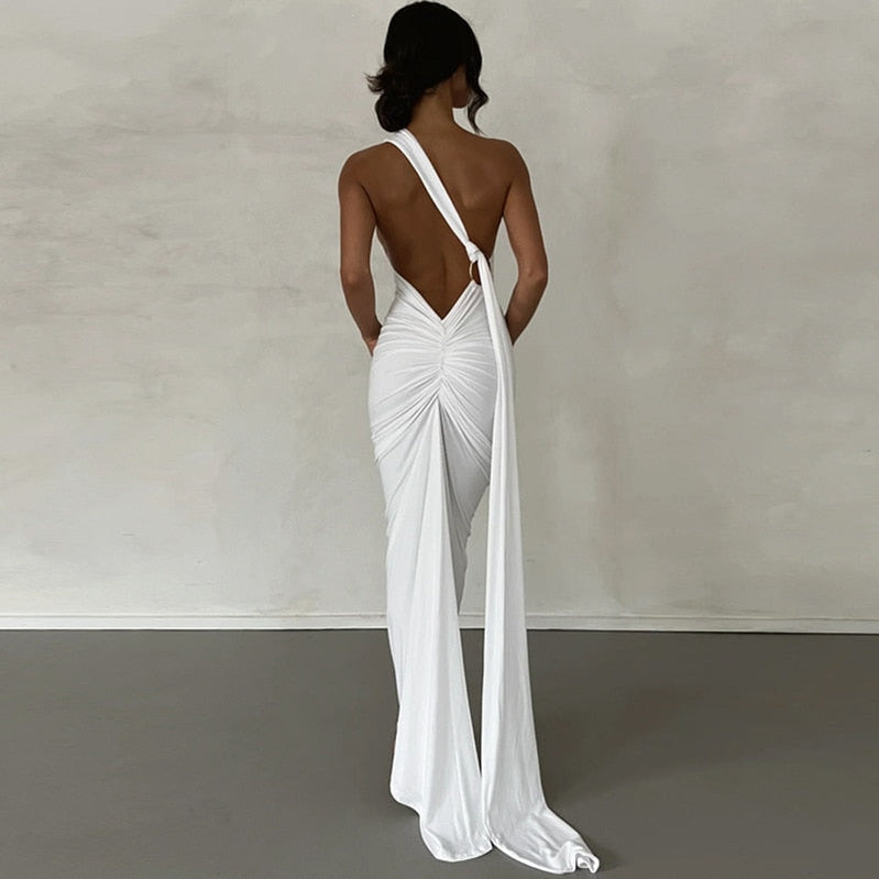 One Shoulder Backless Adjustable Scarf Loop Ruched Sexy Maxi Dress 2023 Women Elegant Y2K Vintage Dress Fashion Summer Robe Size