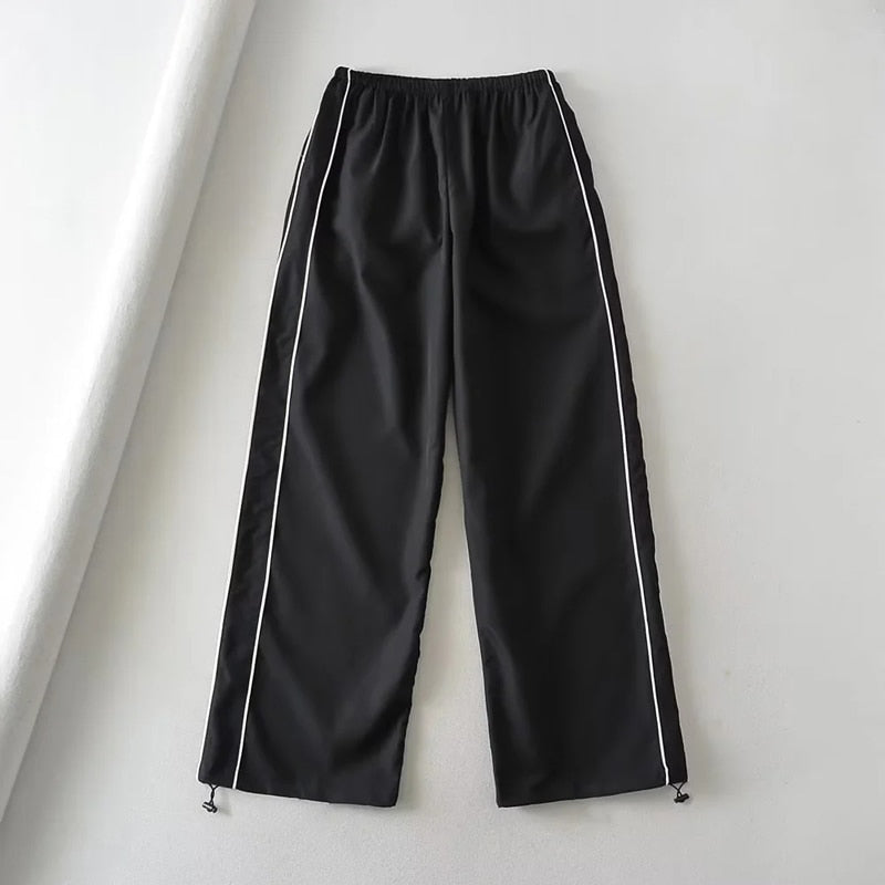 Women Casual Joggers Tech Pants Vintage Solid Low Waist Drawstring Baggy Trousers Y2K Wide Leg Sweatpants Streetwear Cargo Pants EA07732-BLACK