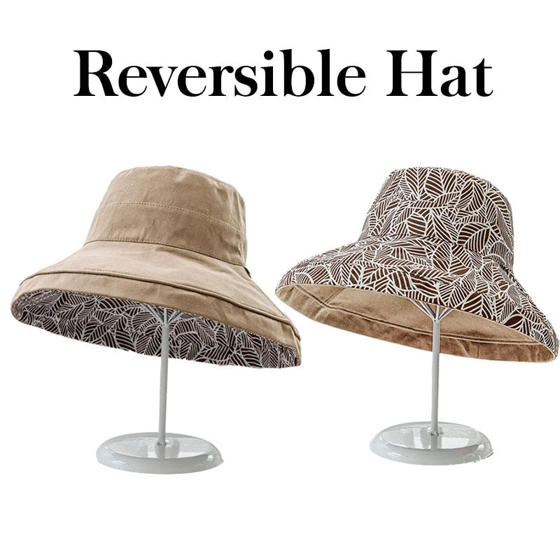 Spring Summer Print Reversible Sun Beach Hat Woman Girl Outdoor Travel Vacation Fisherman Cap Wide Brim 12.5cm Visor Hat B Khaki Head Girth 56-58cm