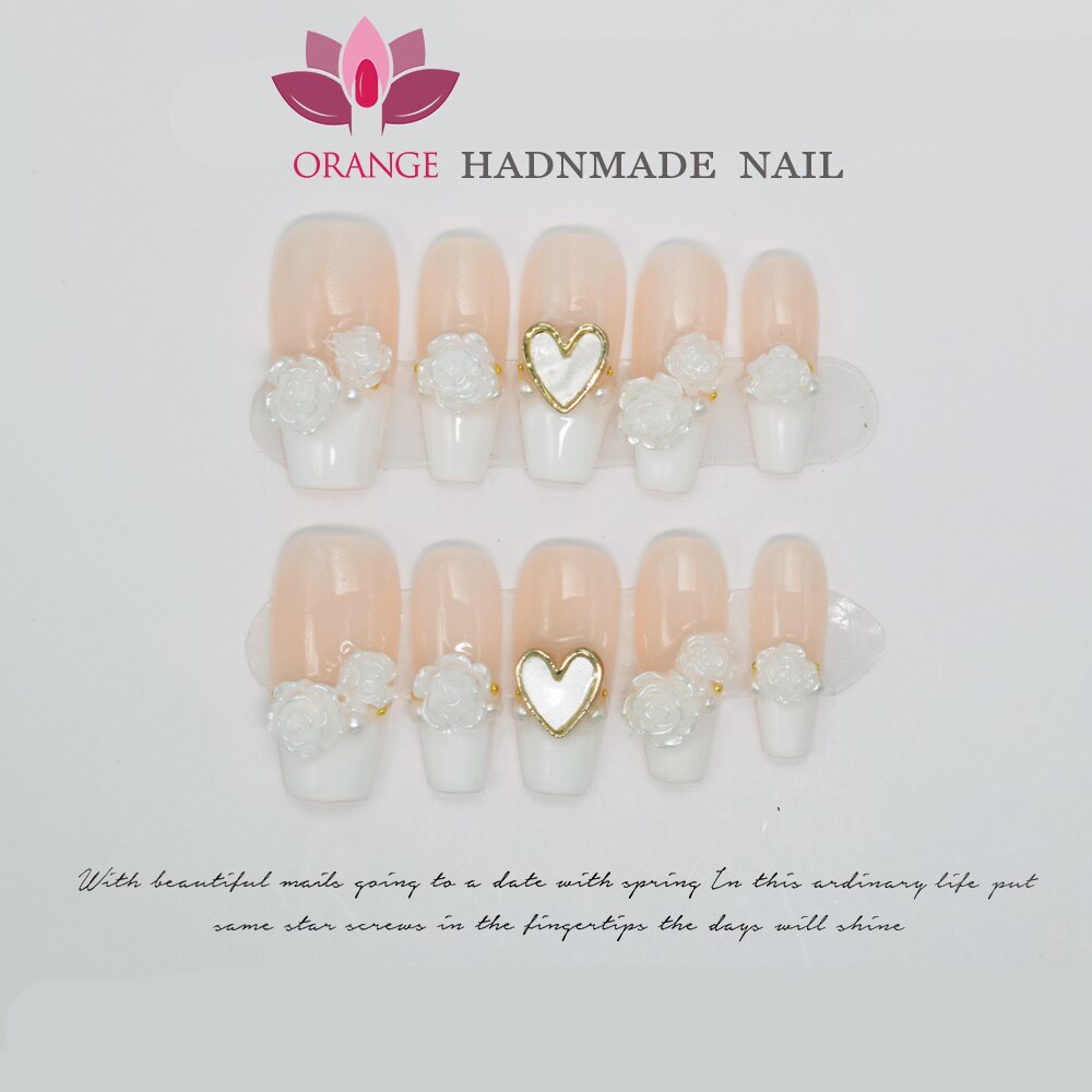 Handmade Wedding False Nails Medium Length Press on Nails With Designed Full Cover Coffin Manicuree Wearable XS S M L Size Nail