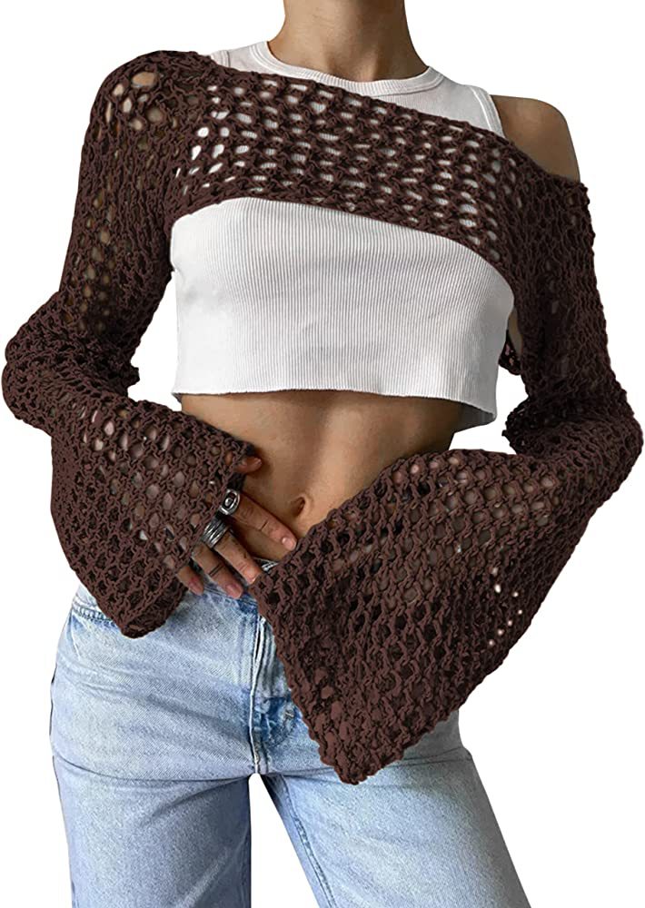 Summer Long Sleeve Smock Knitted Crop Top Women Y2k Beach Sexy Backless Hollow Out T Shirts Green Party Casual Pullovers Coffee