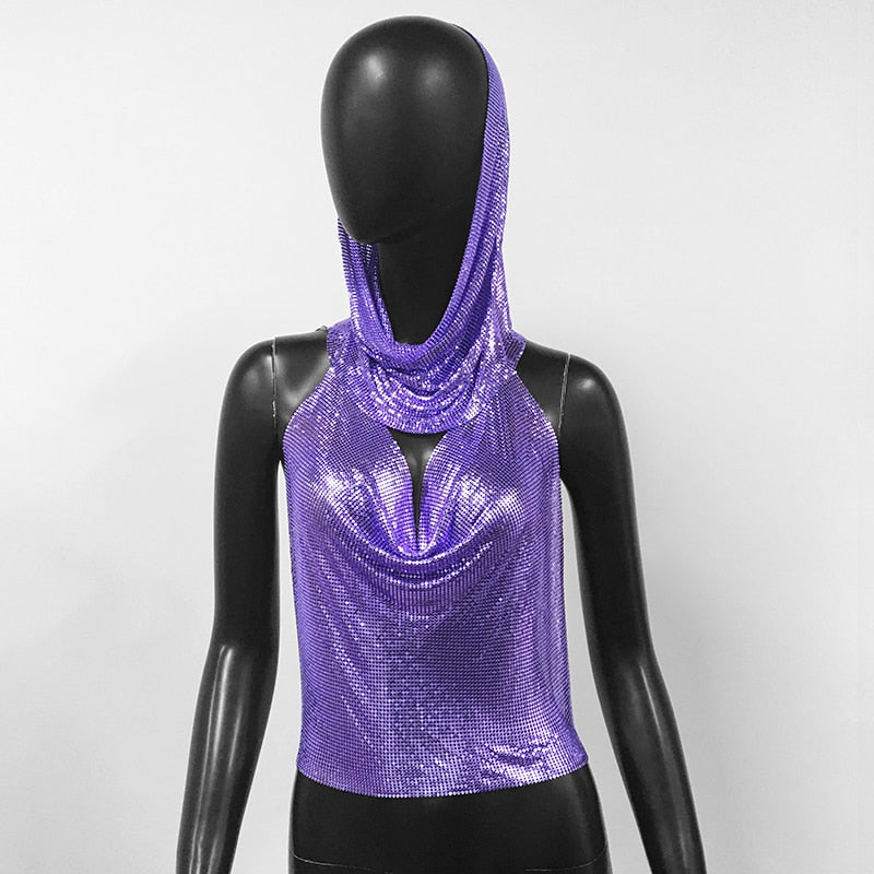 Women Metal Sequins Tank Top With Turban 2 Piece Sexy V Neck Backless Suspender Top Rave Festival Party Nightclub Camisole Purple One Size