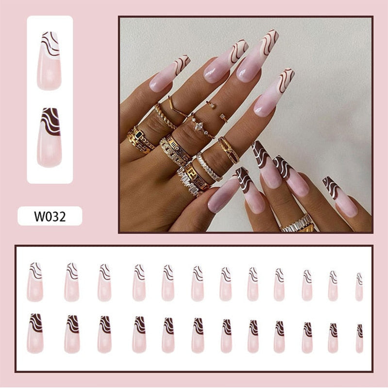 24Pcs/Box White French Fake Nails Press on Long XL Length Rhinestone Design False Nails Full Cover Acrylic Nail Tips JZJ-W032