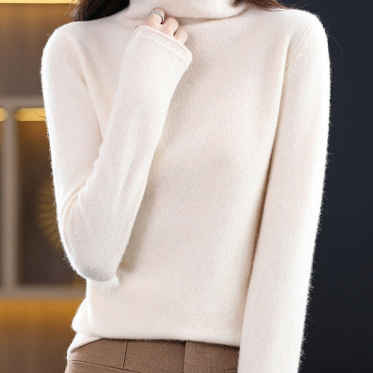 Pure Wool Women Sweater Autumn Winter Fashion Pile Collar Pullover Cashmere Sweater Casual Long-sleeved Knitted Tops Beige