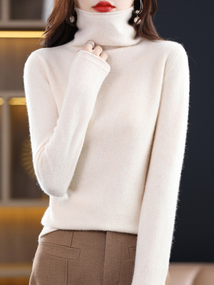 Pure Wool Women Sweater Autumn Winter Fashion Pile Collar Pullover Cashmere Sweater Casual Long-sleeved Knitted Tops Beige