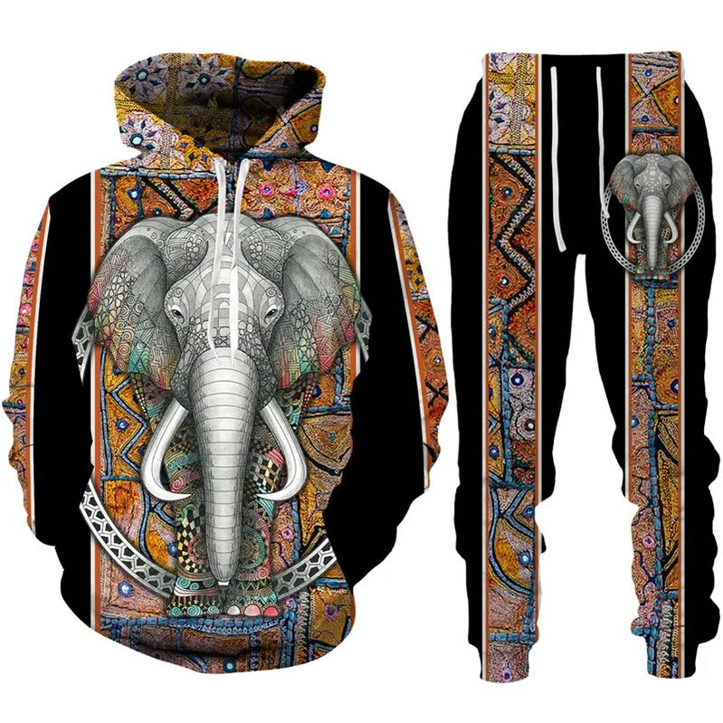 Autumn And Winter Male 3D Elephant Print Hoodie Pants Suit Casual Jogging Clothing Set Men Tracksuit Pullover Fashion Men's Suit 3 Spain