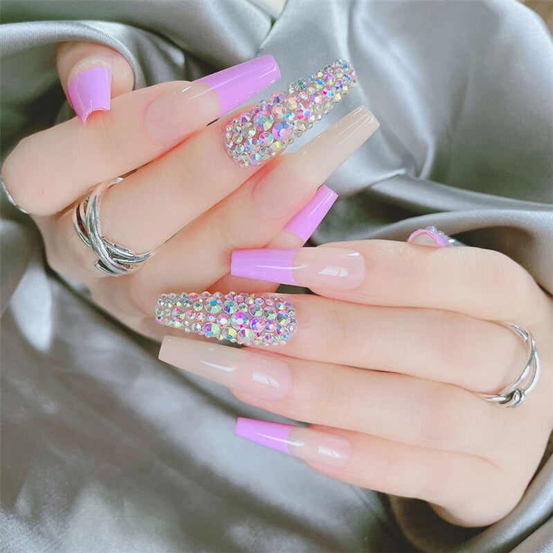 24Pcs/Box White French Fake Nails Press on Long XL Length Rhinestone Design False Nails Full Cover Acrylic Nail Tips JZJP-C-KS20