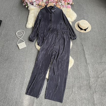 Casual Women Elegant Pleated Two Piece Set Long Sleeve Shirt And Wide Leg Pant Suits Loose Office Lady Outfits Autumn