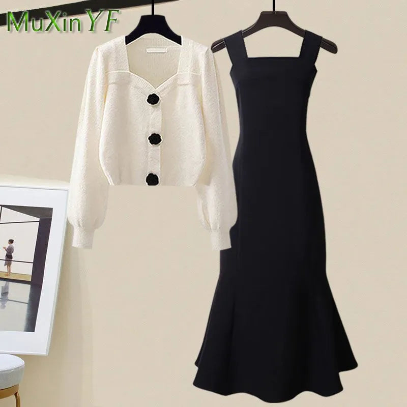 Women's Spring Autumn Fashion Knitted Sweater+Strap Dress Two-piece Korean Elegant New in Matching Sets Female Skirt Suit