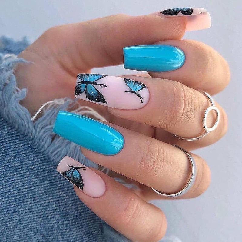 Glossy Pink Wearable Nail Art Blue Rhinestone Extra Long Ballet Detachable Finished False Nails Press on Nails with Glue MT675JP1430