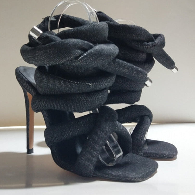 Summer Square Head Slim High Heel Sandals Wrapped Around The Feet Fashion Show Dress 43 Large Women's Sandals black jeans