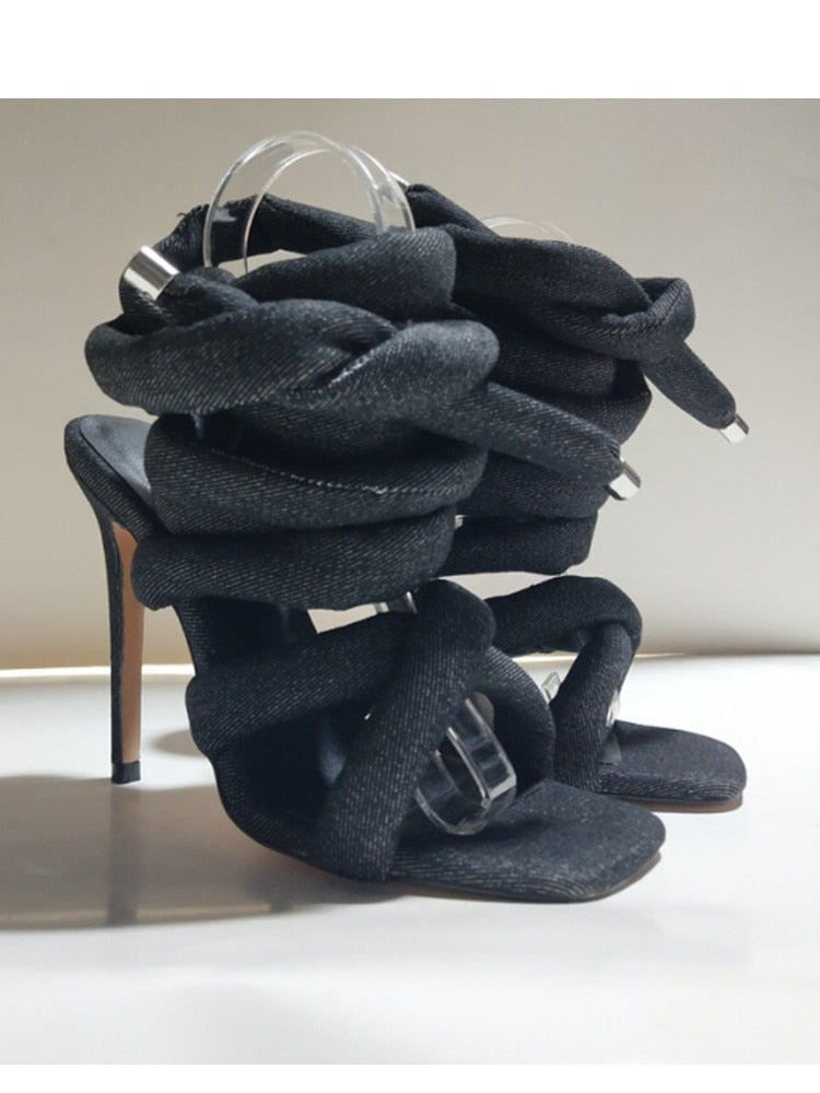 Summer Square Head Slim High Heel Sandals Wrapped Around The Feet Fashion Show Dress 43 Large Women's Sandals black jeans