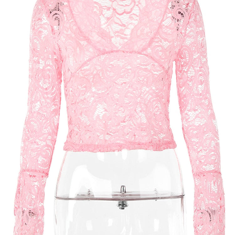 JULISSA MO See Through V-neck Long Sleeve Lace Skinny Tops Outfits Women Summer Party Club T-Shirts Tees Club Party Clothes Pink