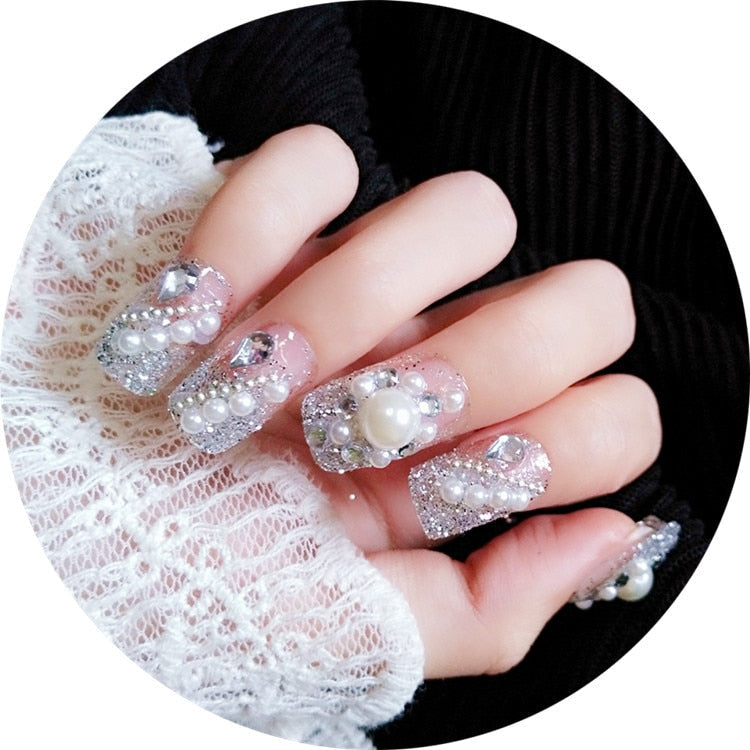 24Pcs/box Luxe Shining Rhinestone Wedding False Nails Transparent Glitter Gems Crown Designed Square Full Short Fake Art Bride 58