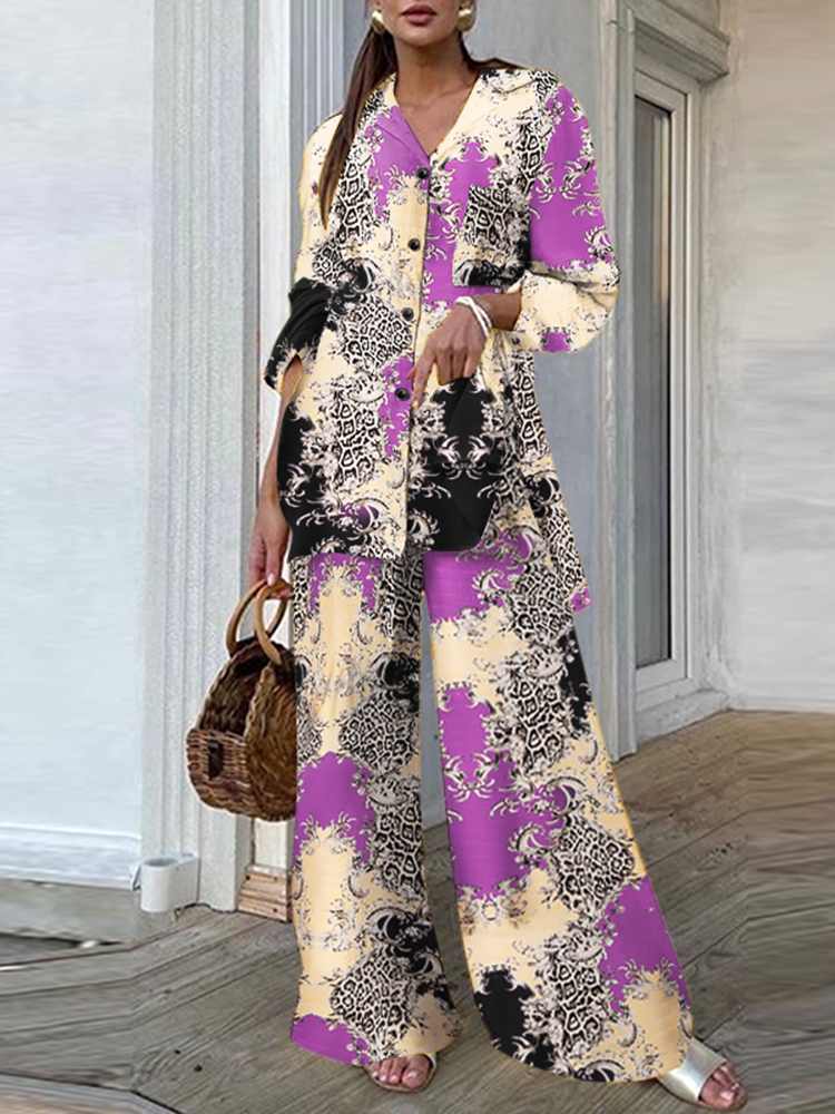 Fashion Women Leopard Print Pant Sets Casual Loose Tops and Pant Outfits Autumn Wide Leg Pant Leisure Two Piece Sets (Printed 1)Purple