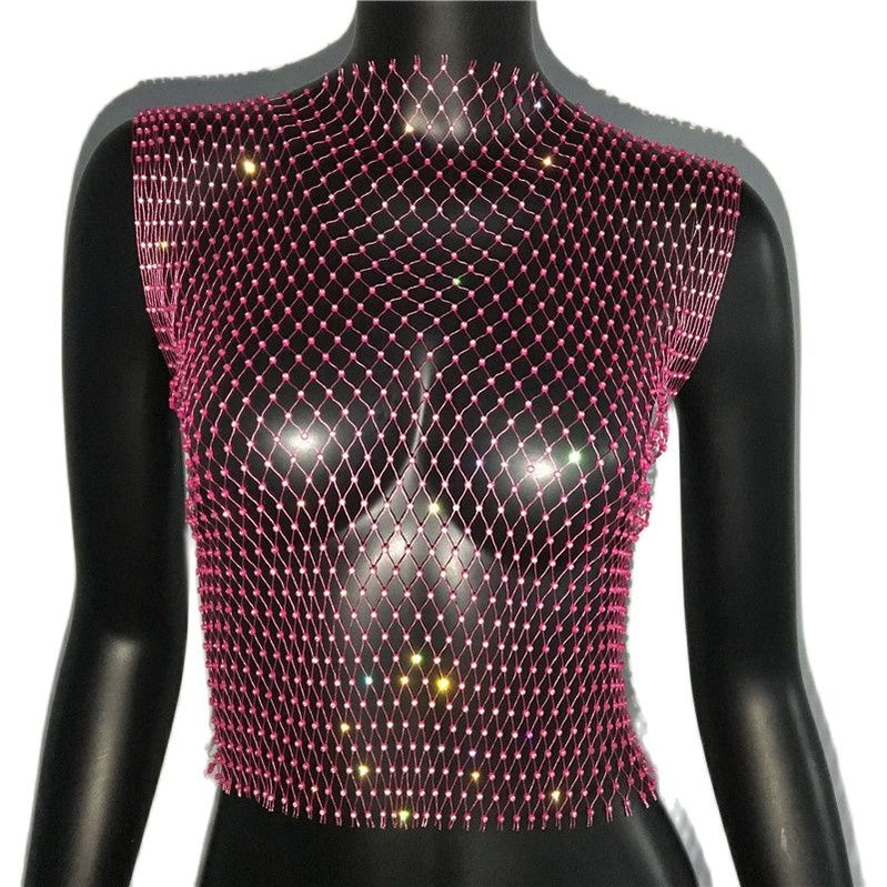 Women's Fishnet Rhinestone Crop Top 2023 Summer Sexy Mesh High Elastic Black White Shirt Net See Through Rave Diamond Tank Top Rose red O neck