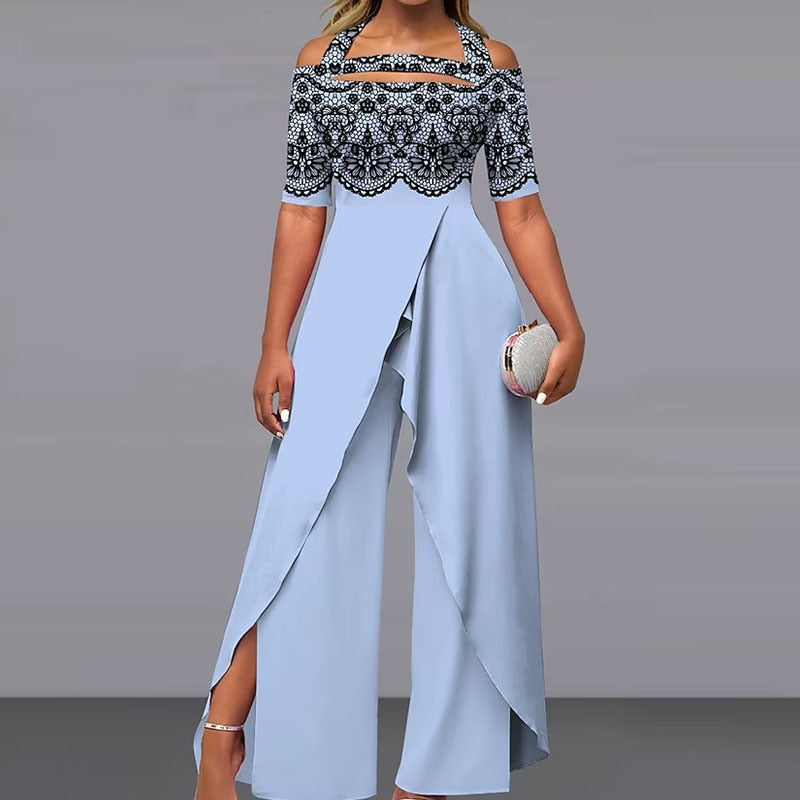 Elegant Pattern Print Short Sleeve Long Jumpsuit Women Chic Backless Lace-up Irregular Overall Fashion Female Split Romper 02 Sky Blue