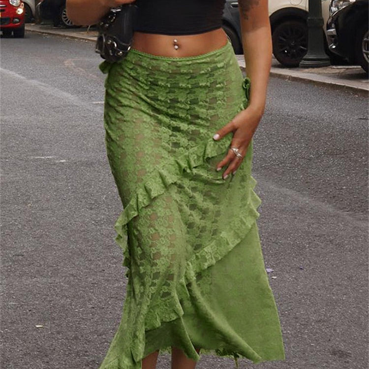 Tossy Lace Ruffled See-Through Maxi Skirt Women Slim Patchwork Party Holiday Women's Long Skirt Outfits Female Summer Maxi Skirt