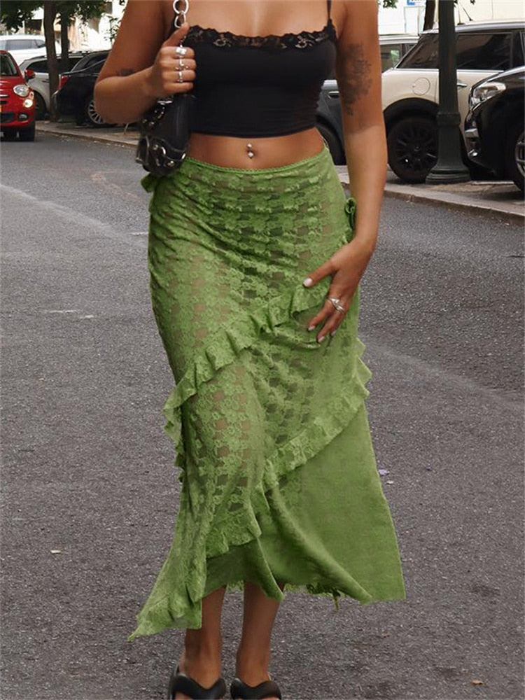 Tossy Lace Ruffled See-Through Maxi Skirt Women Slim Patchwork Party Holiday Women's Long Skirt Outfits Female Summer Maxi Skirt
