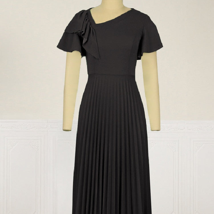 Women Pleated Midi Dresses Short Sleeve Ruffles Elegant Green Yellow A Line Spring Summer Chic Fashion Gown Party Birthday Robes Black