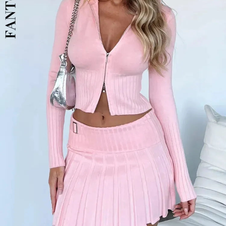 Fantoye Knit Sweater Two Piece Sets Women Tracksuit Long Sleeve Double Zipper Skirt Suit Female Solid Casual Knit Sweatshirt Set