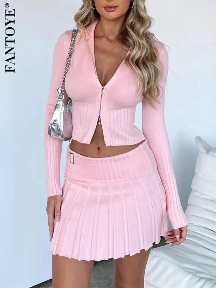 Fantoye Knit Sweater Two Piece Sets Women Tracksuit Lengan Panjang Rok Ritun Double Rok Setelan Wanita Kasual Solcan Knit Sweatshirt Set