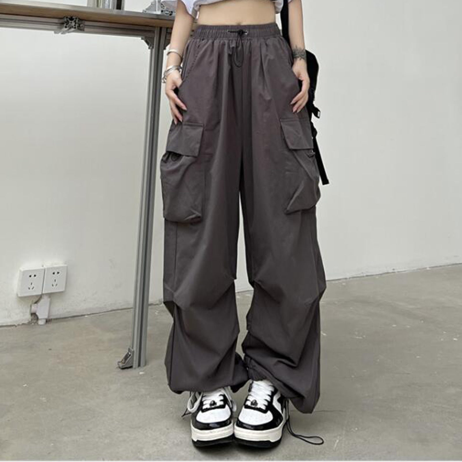 Fashion Casual Cargo Pants American Style Women Casual Cargo Trousers Elastic Waist Vintage with Pockets Solid Color Streetwear