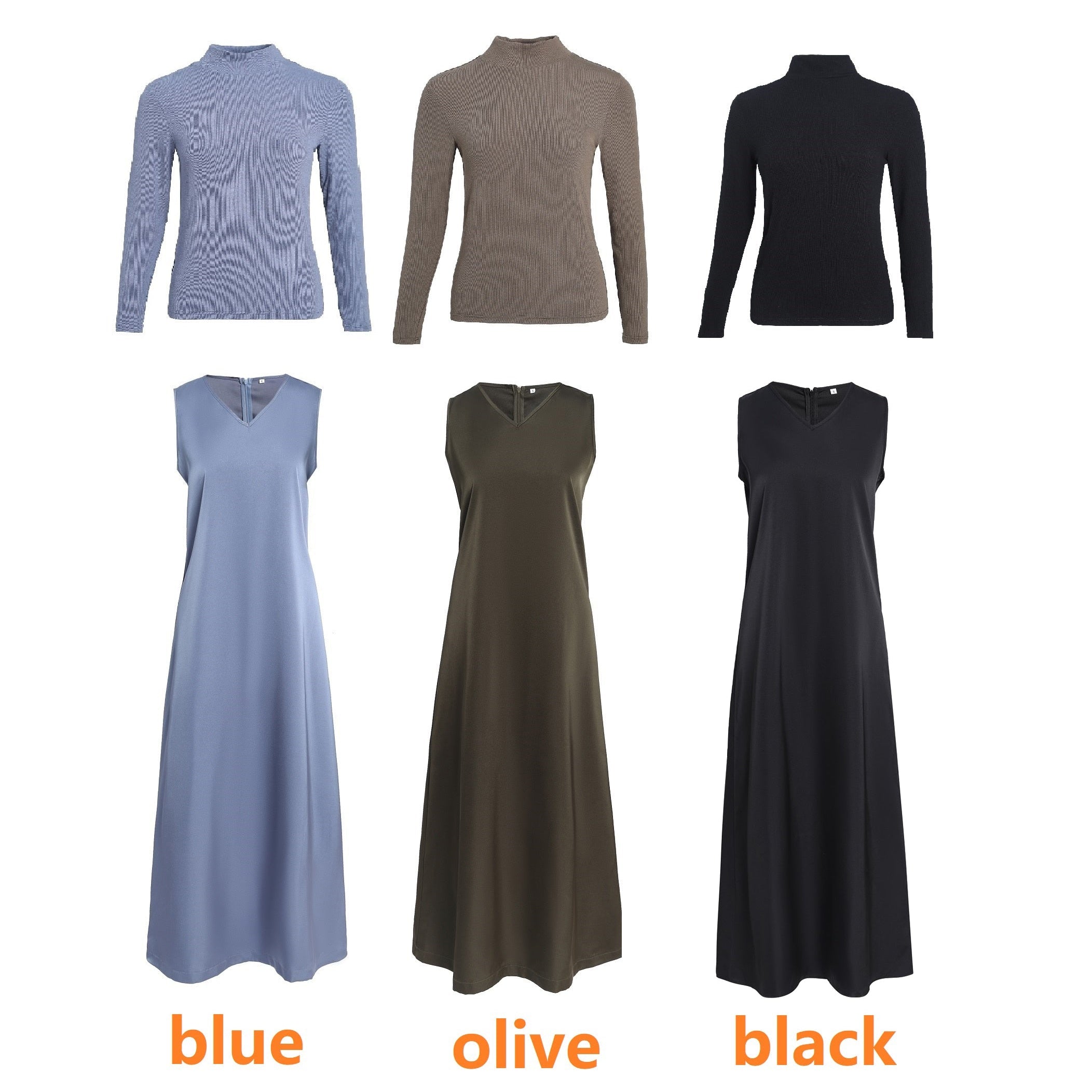 AP V Neck Satin Maxi Dress Rib Modal Mock Neck Fall Women Dress Three Colors