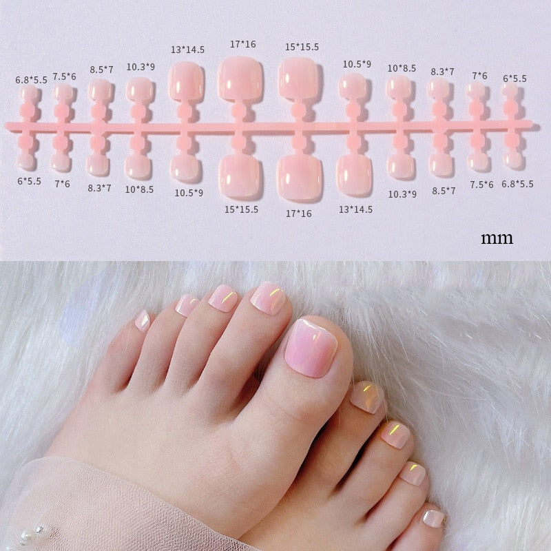 False Toenail 24Pcs/Box Toe Nail 3D Glitter Decor Press On Fake Nails With Glue Detachable Square Short Full Cover DIY Nail Tips A-4
