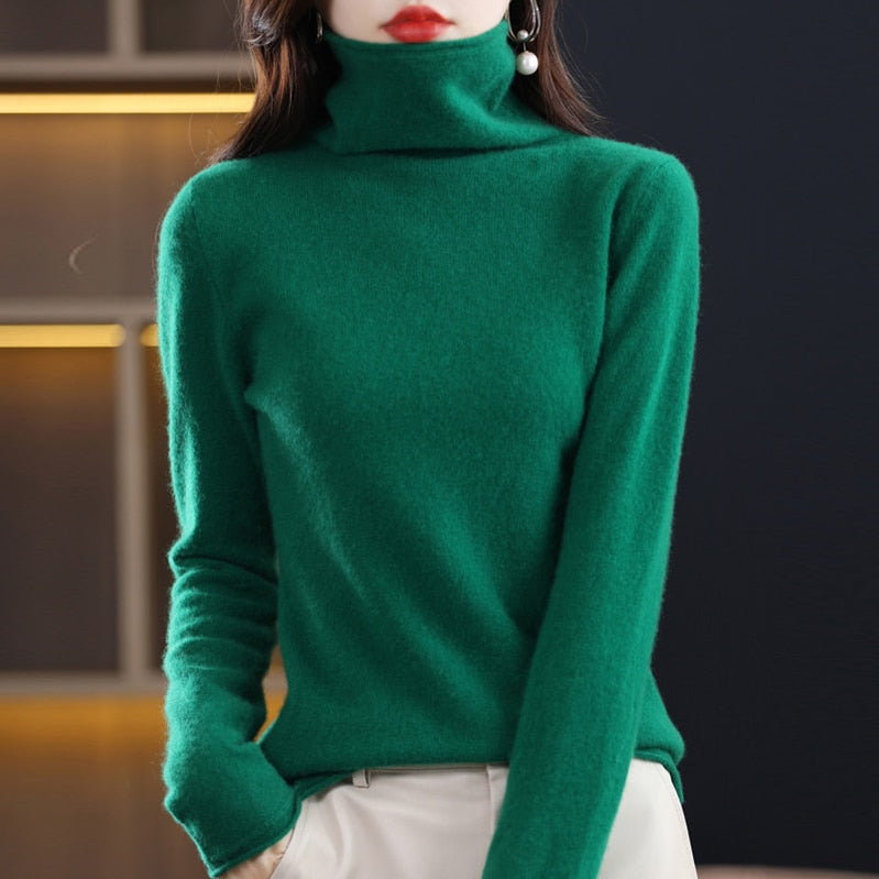 Pure Wool Women Sweater Autumn Winter Fashion Pile Collar Pullover Cashmere Sweater Casual Long-sleeved Knitted Tops