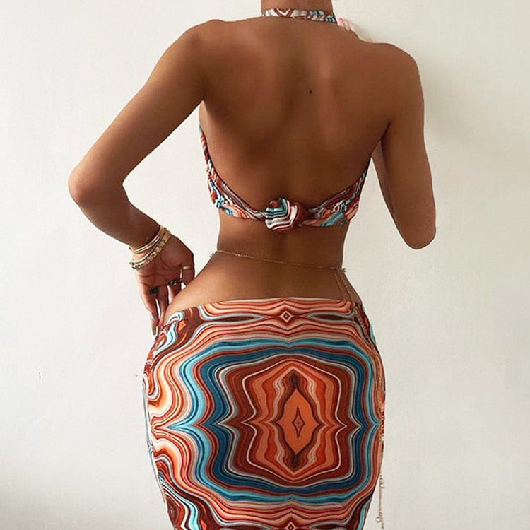 Marble Print Summer Beach Outfits For Women Halter Crop Top And Skirt Two Piece Set Sexy Vacation Outfits Bodycon Midi Skirt