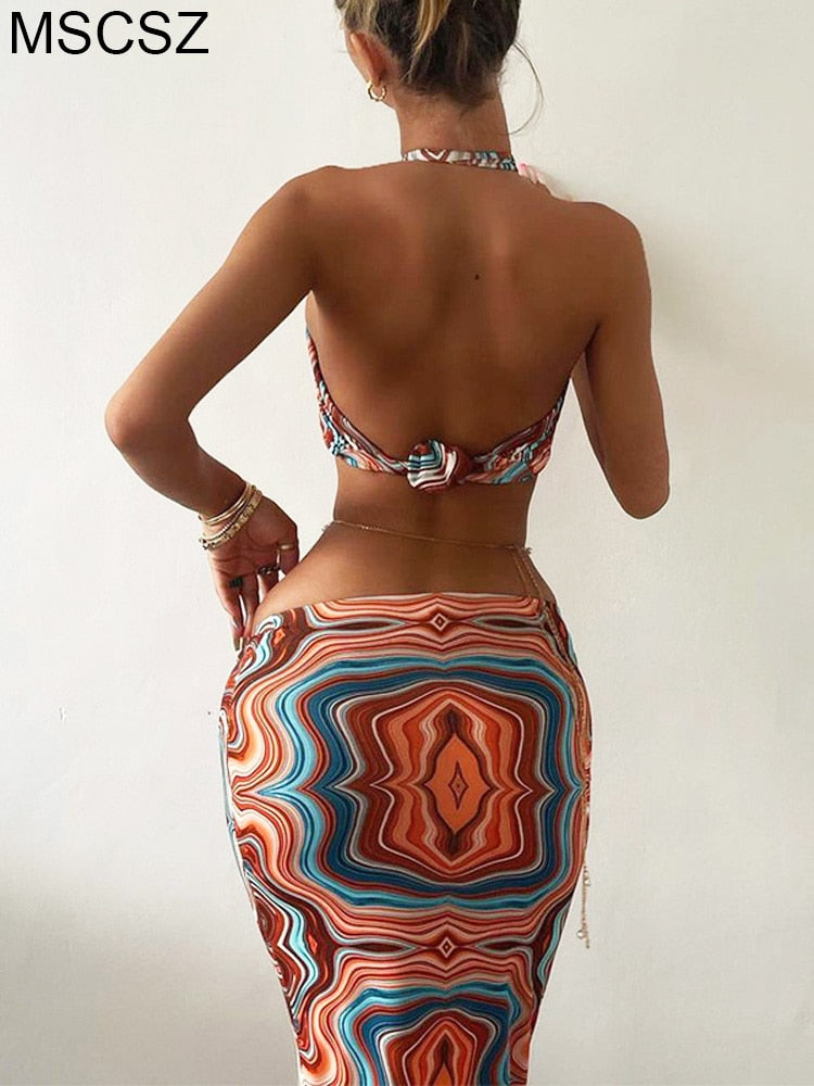 Marble Print Summer Beach Outfits For Women Halter Crop Top And Skirt Two Piece Set Sexy Vacation Outfits Bodycon Midi Skirt