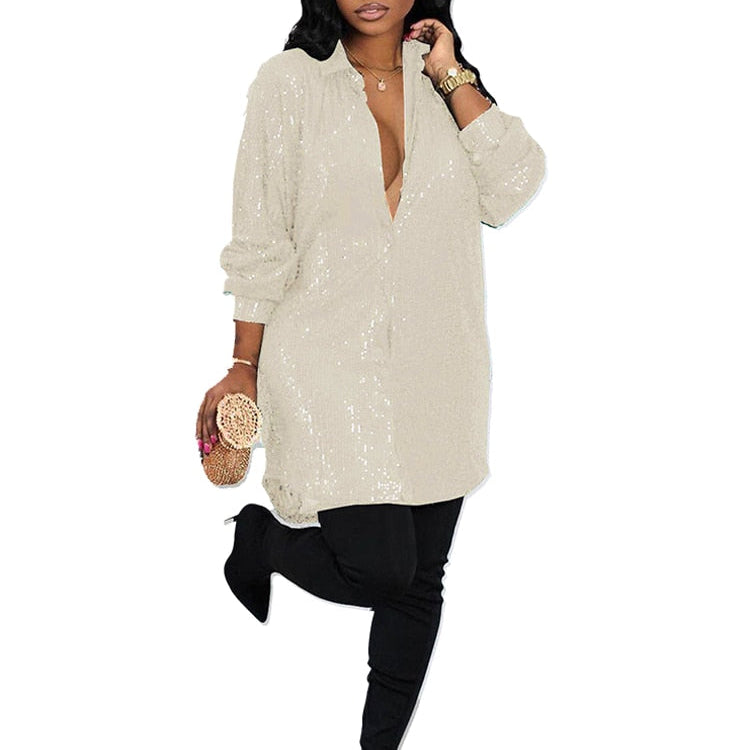 Elegant Evening Party Short Shirt Dress for Women Outfit Luxury Sequin Long Sleeve Spring Fall Birthday Club Dresses Vestidos Beige