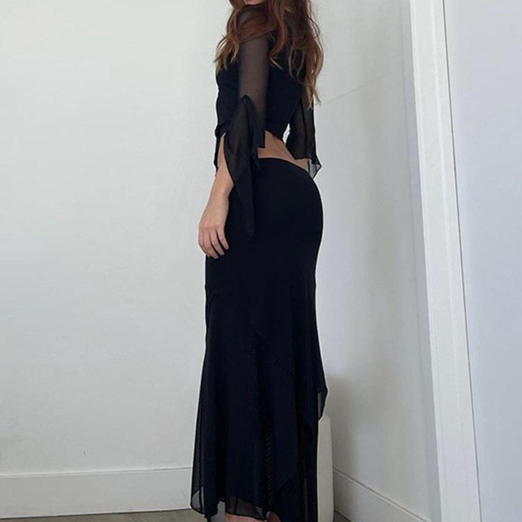 Tawnie Y2K Mesh Skirt 2 Pieces Sets Women 2023 Summer Casual V Neck Long Sleeve Crop Top Bodycon Maxi Skirt Matching Sets Outfit