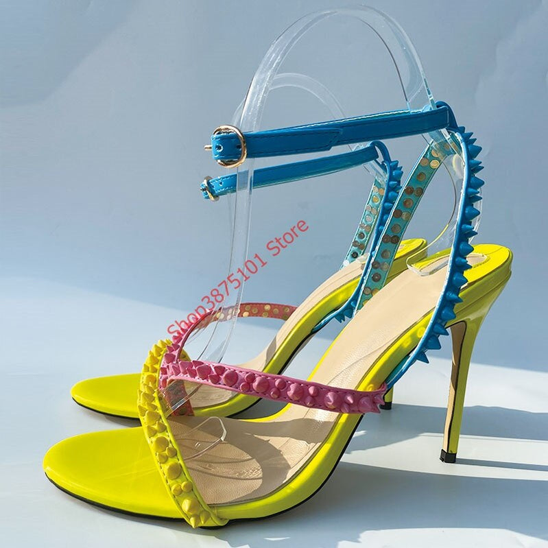 Rivets Cross Strap Summer Heels Sandals Women Thin Heels Sandals Color Studded Summer Classic Party Shoes
