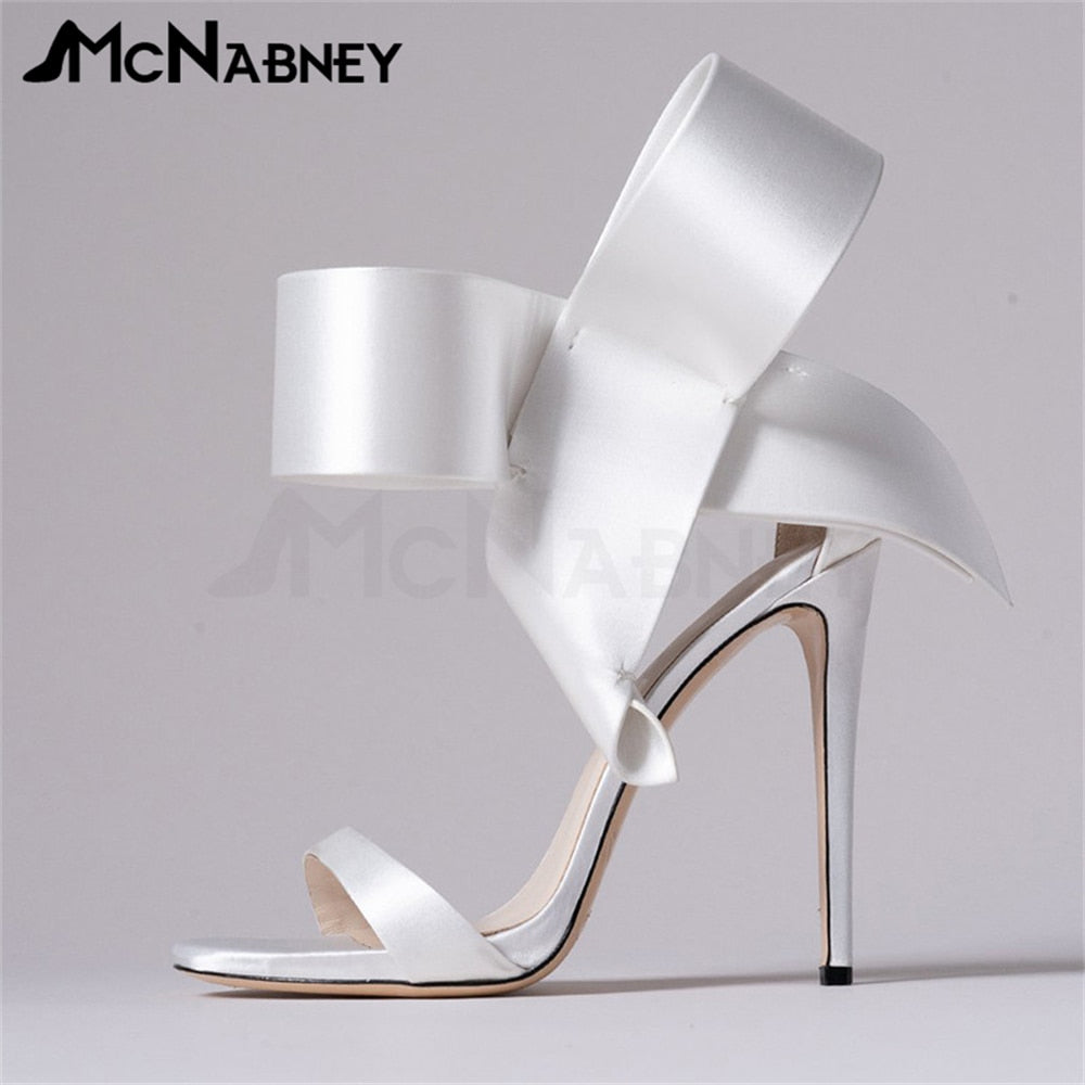 Satin Butterfly Knot High Heels Stiletto Pointed Toe Sandals Luxury Style Shoes Fashion High Heels Shiny Rhinestone Sandals Sale Satin-White