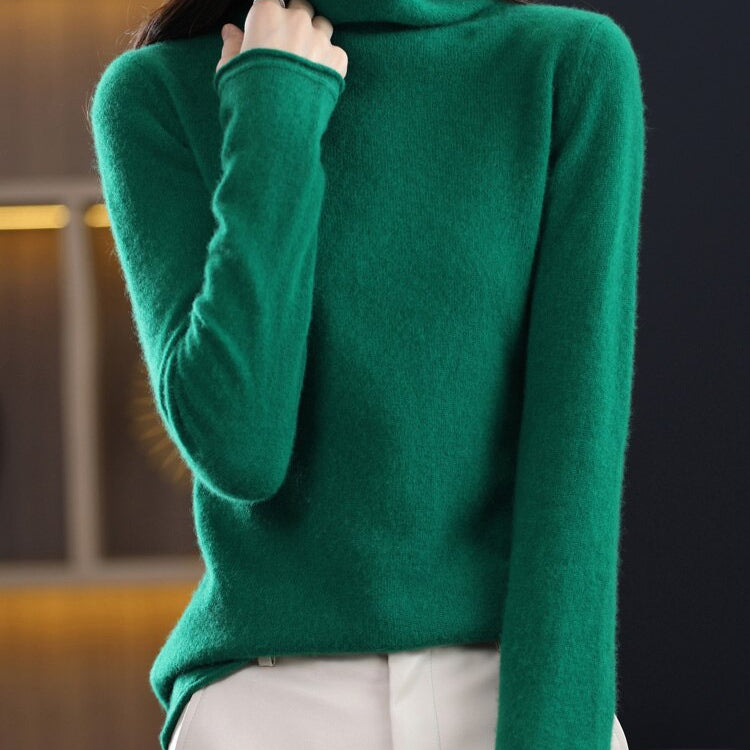 Pure Wool Women Sweater Autumn Winter Fashion Pile Collar Pullover Cashmere Sweater Casual Long-sleeved Knitted Tops Green