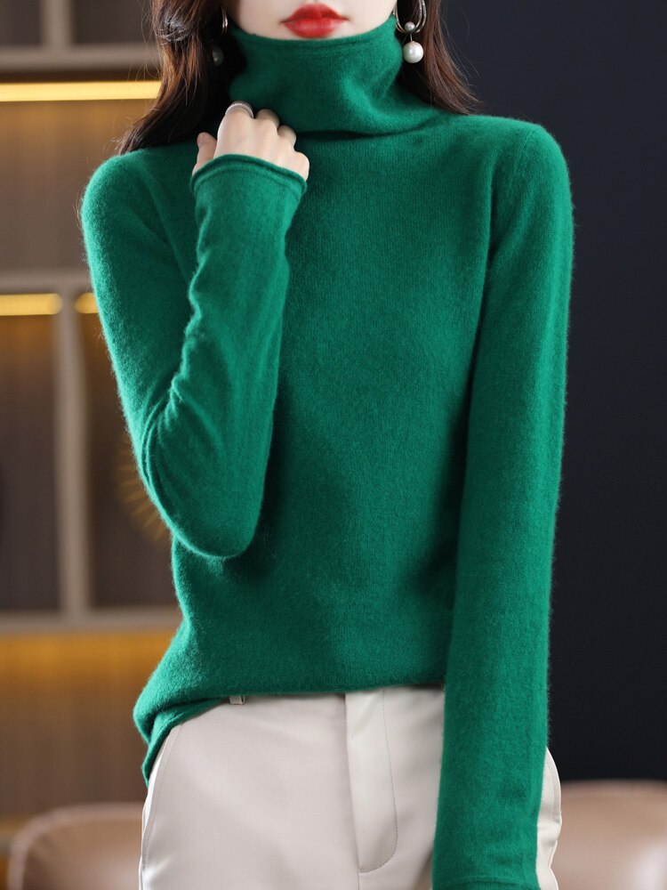 Pure Wool Women Sweater Autumn Winter Fashion Pile Collar Pullover Cashmere Sweater Casual Long-sleeved Knitted Tops Green