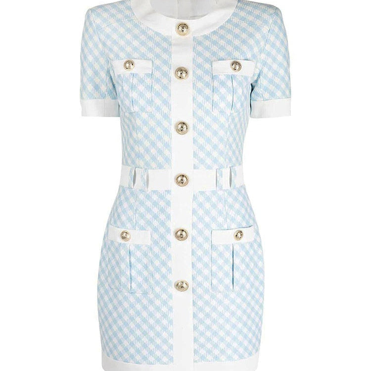 HIGH STREET Newest Fashion Fall Winter Designer Women's Short Sleeve Lion Buttons Color Block Plaid Tweed Dress Sky Blue