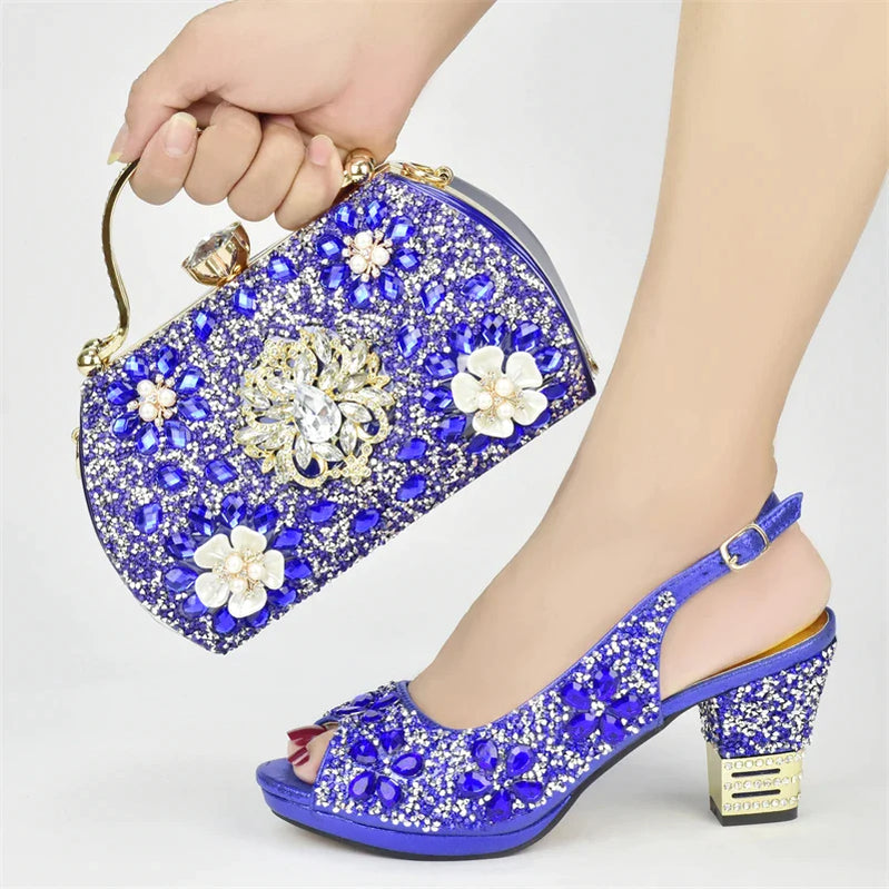 Nigerian Party Shoes with Bag Set Decorated with Rhinestone Shoes for Women Designer Luxury Wedding Shoes Bride