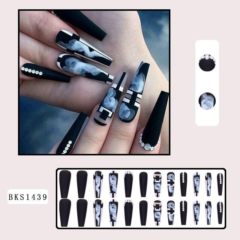 3D long fake nails black marbling Graffiti Aura french coffin tips with diamond faux ongles press on acrylic false nail supplies Default Title