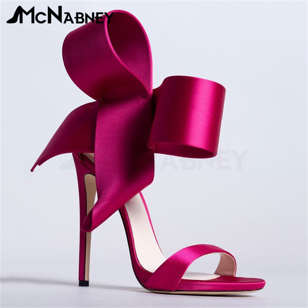Satin Butterfly Knot High Heels Stiletto Pointed Toe Sandals Luxury Style Shoes Fashion High Heels Shiny Rhinestone Sandals Sale Satin-Wine Red