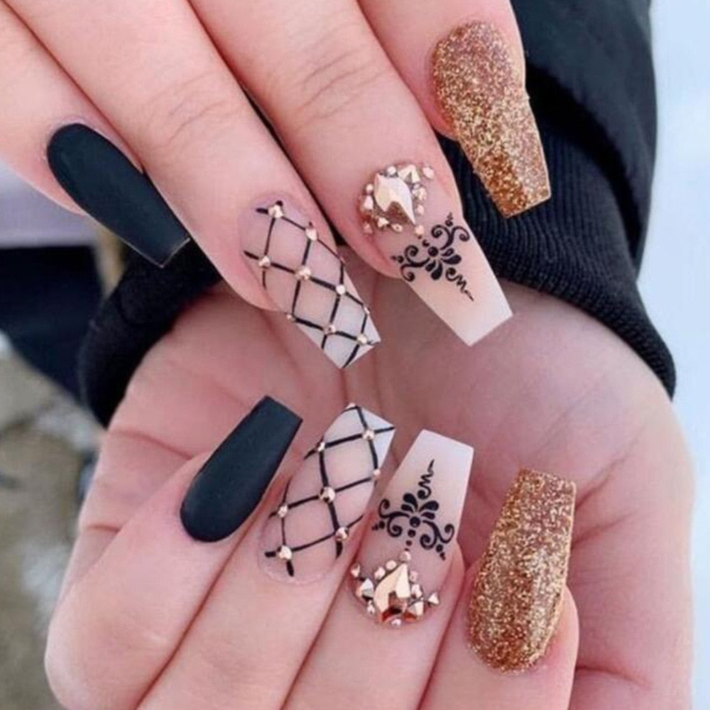Gradient Fake Nails Press on Nail Diamond Cross Art Long Tips False Forms with Glue Stick Stickers Reusable Set CZ144