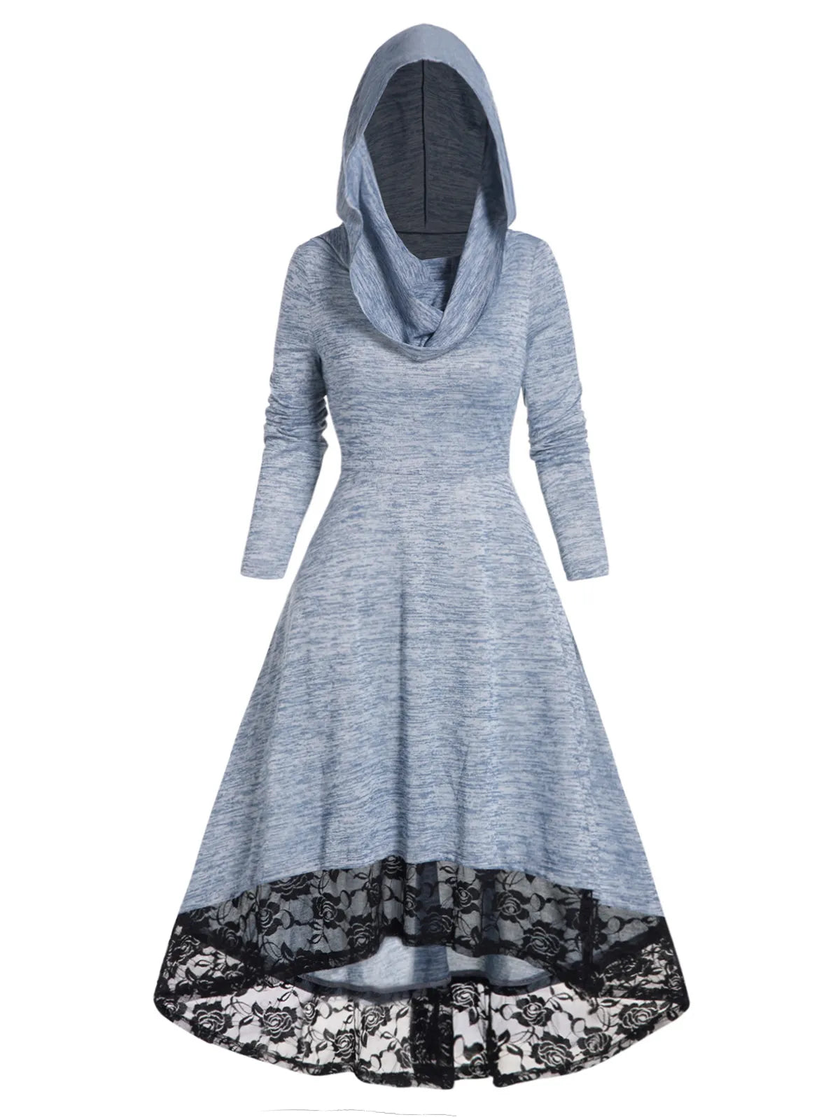 Autumn Space Dye Hooded Dress Flower Lace Panel High Waisted Long Sleeve High Low One Piece Midi Long Dresses For Women