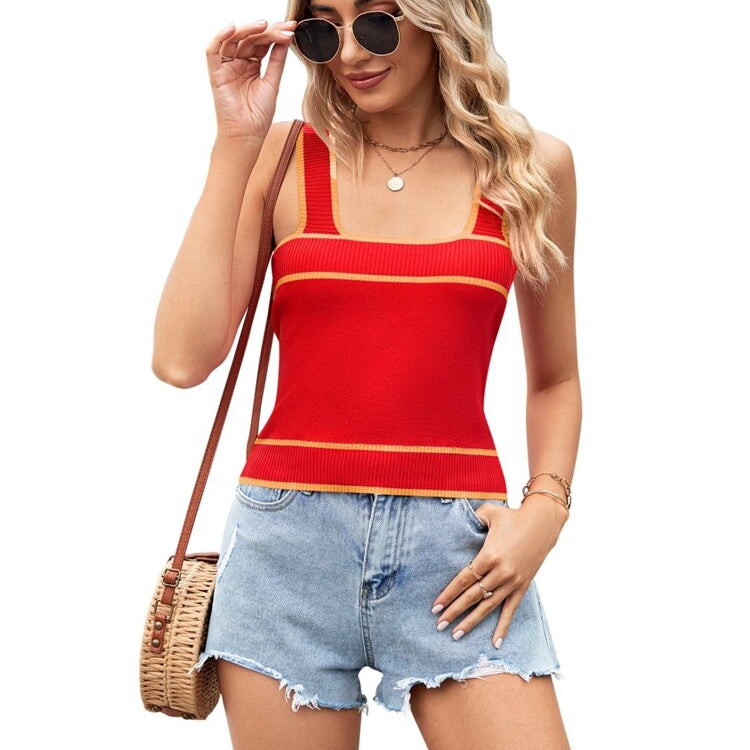 Women's 2023 Summer New Contrast Color Foreign Trade Knitted Sweater Short Style Crop Vest