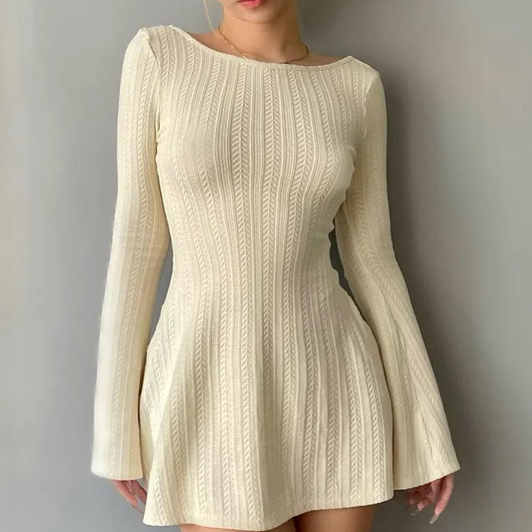 Solid Knitted Backless Dresses for Women Autumn Winter Elegant Long Sleeve Bodycon Mini Dress Casual