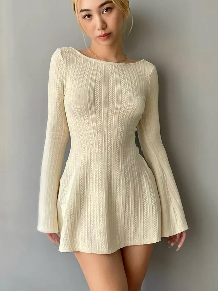 Solid Knitted Backless Dresses for Women Autumn Winter Elegant Long Sleeve Bodycon Mini Dress Casual