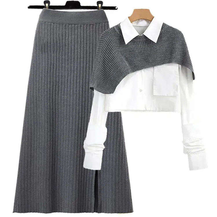 봄 가을 대형 크기 여성 숄 셔츠 3 피스 세트+높은 허리 뜨개질 반 바디 스커트 세트 여성 패션 3 조각 세트