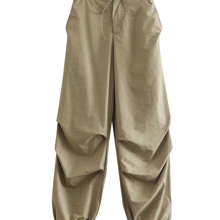 TRAF Women Fashion Side Pockets Pleats Knee Jogging Pants Vintage High Elastic Waist With Drawstring Female Trousers Mujer as picture 3